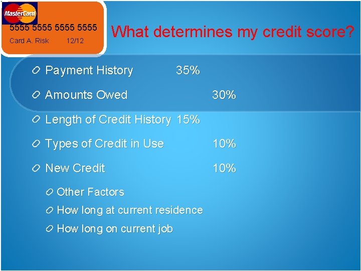 5555 Card A. Risk 12/12 What determines my credit score? Payment History 35% Amounts