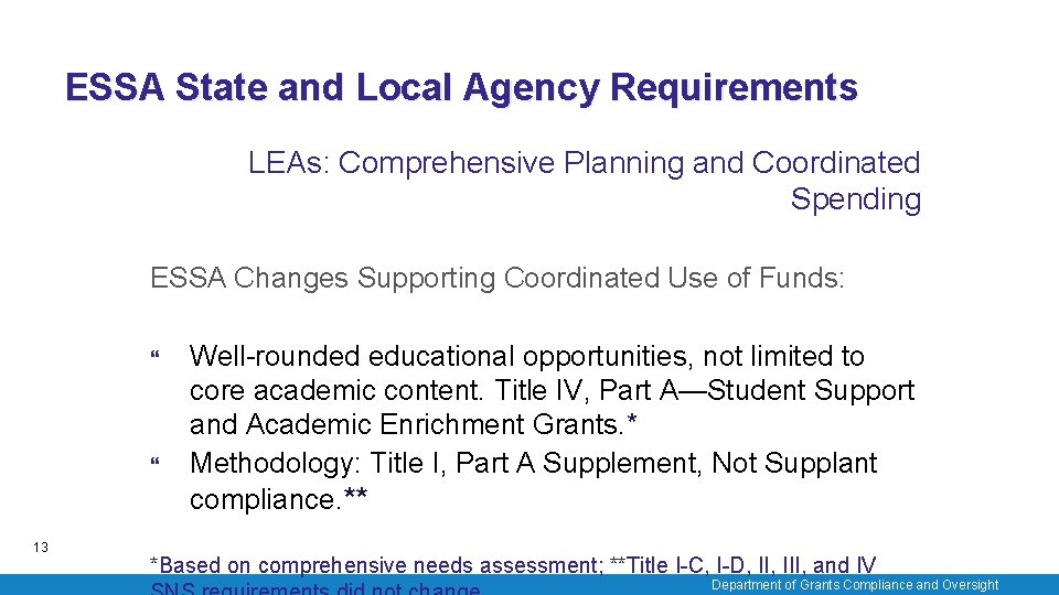 ESSA State and Local Agency Requirements LEAs: Comprehensive Planning and Coordinated Spending ESSA Changes