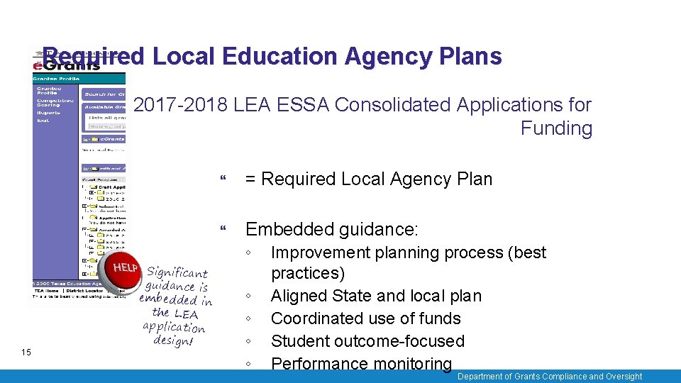 Required Local Education Agency Plans 2017 -2018 LEA ESSA Consolidated Applications for Funding 15