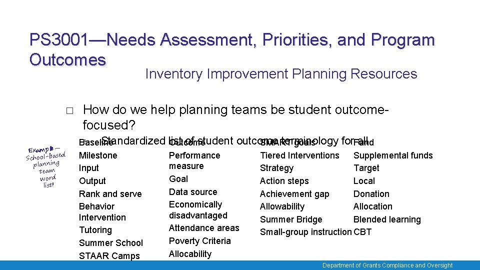 PS 3001—Needs Assessment, Priorities, and Program Outcomes Inventory Improvement Planning Resources � Example— sed