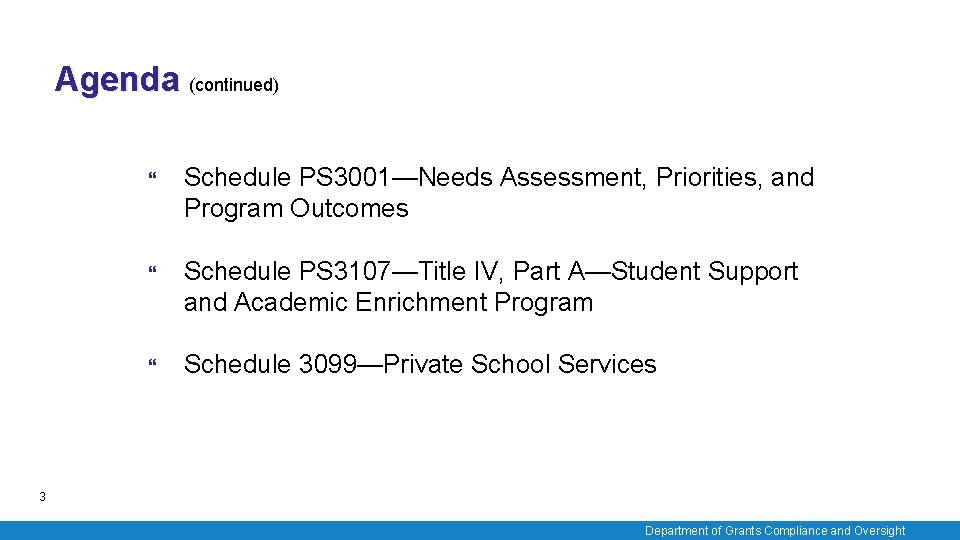 Agenda (continued) Schedule PS 3001—Needs Assessment, Priorities, and Program Outcomes Schedule PS 3107—Title IV,
