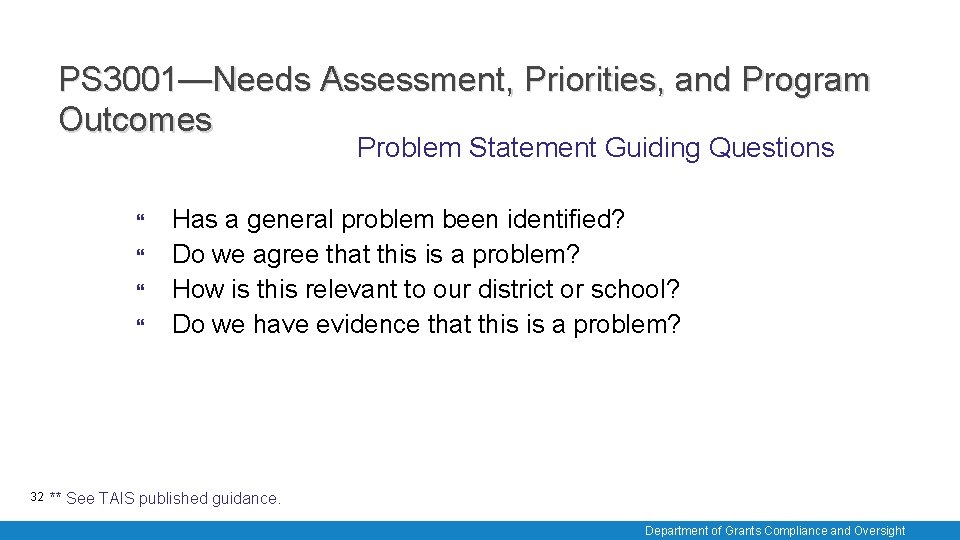 PS 3001—Needs Assessment, Priorities, and Program Outcomes Problem Statement Guiding Questions 32 Has a