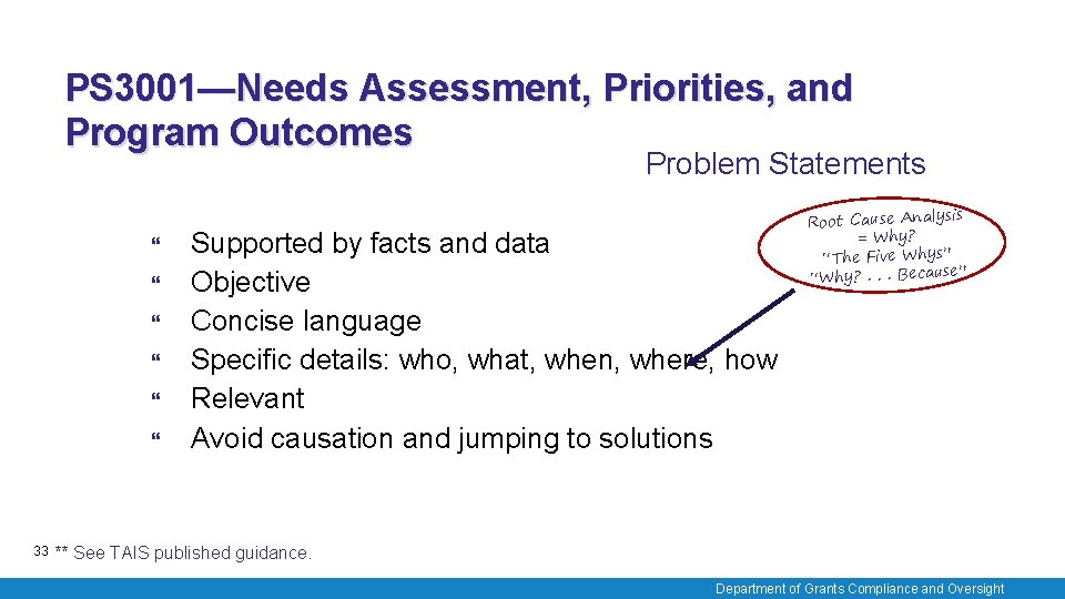 PS 3001—Needs Assessment, Priorities, and Program Outcomes Problem Statements 33 Supported by facts and