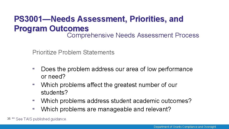 PS 3001—Needs Assessment, Priorities, and Program Outcomes Comprehensive Needs Assessment Process Prioritize Problem Statements