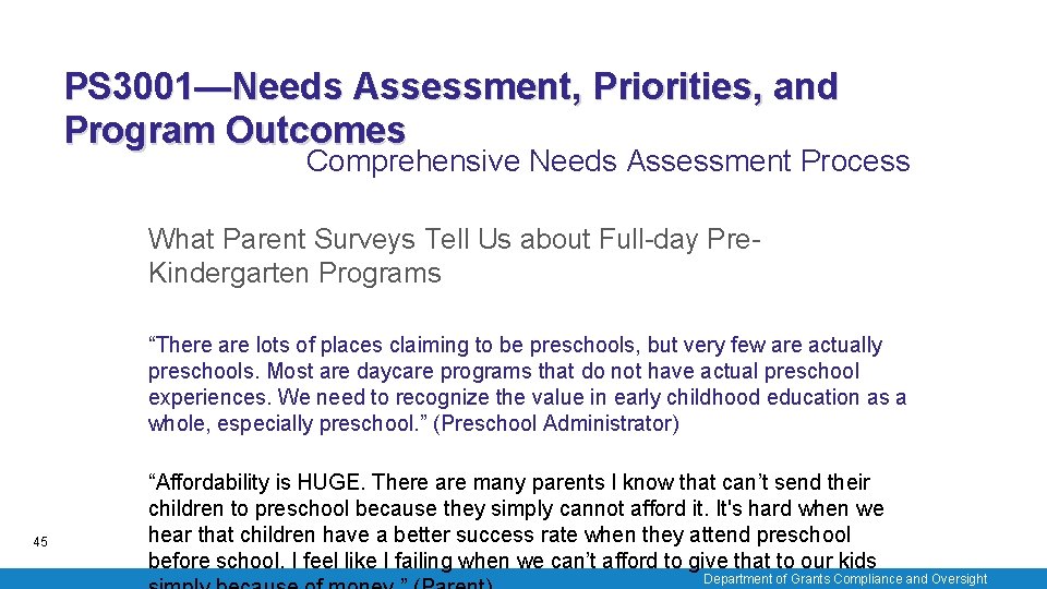 PS 3001—Needs Assessment, Priorities, and Program Outcomes Comprehensive Needs Assessment Process What Parent Surveys