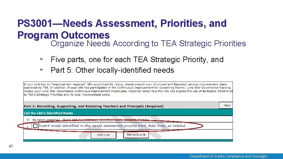 PS 3001—Needs Assessment, Priorities, and Program Outcomes Organize Needs According to TEA Strategic Priorities
