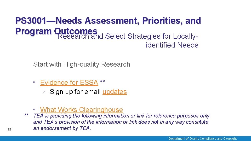PS 3001—Needs Assessment, Priorities, and Program Outcomes Research and Select Strategies for Locallyidentified Needs