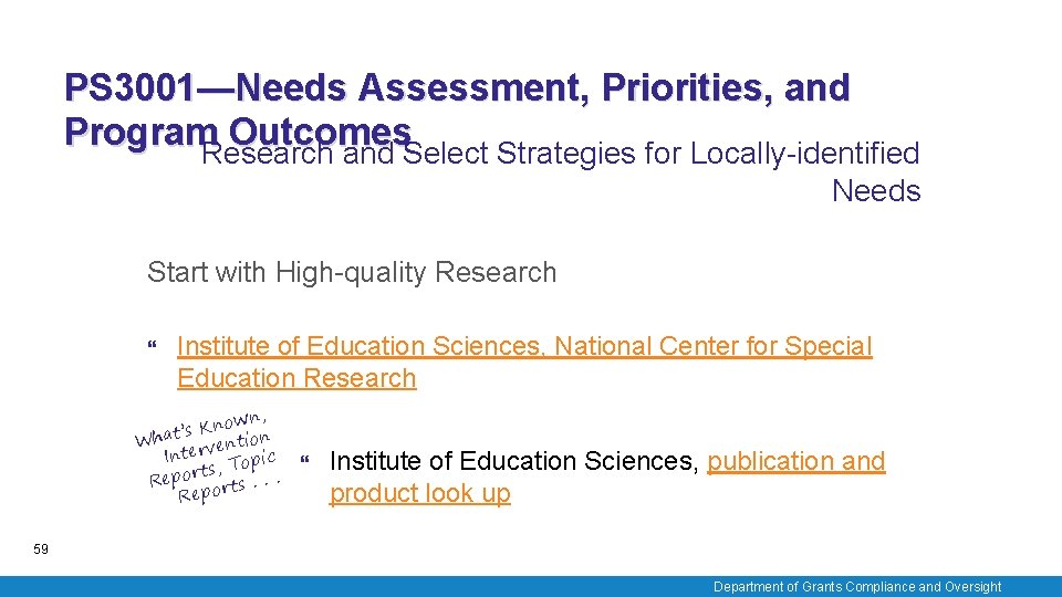PS 3001—Needs Assessment, Priorities, and Program. Research Outcomes and Select Strategies for Locally-identified Needs