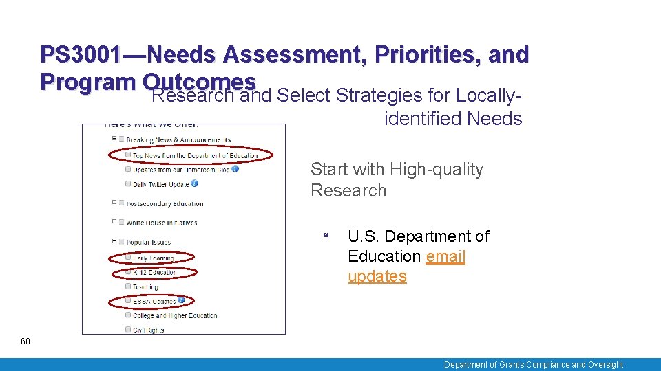 PS 3001—Needs Assessment, Priorities, and Program Outcomes Research and Select Strategies for Locallyidentified Needs