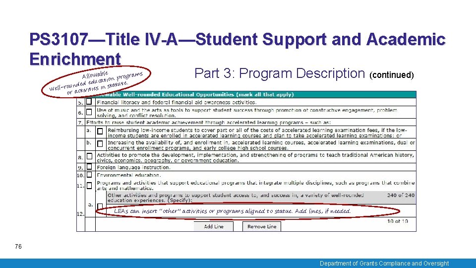 PS 3107—Title IV-A—Student Support and Academic Enrichment s ble Allowa ion program t a