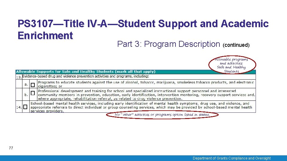 PS 3107—Title IV-A—Student Support and Academic Enrichment Part 3: Program Description (continued) Allowable programs