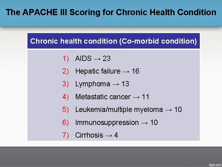 The APACHE III Scoring for Chronic Health Condition Chronic health condition (Co-morbid condition) 1)