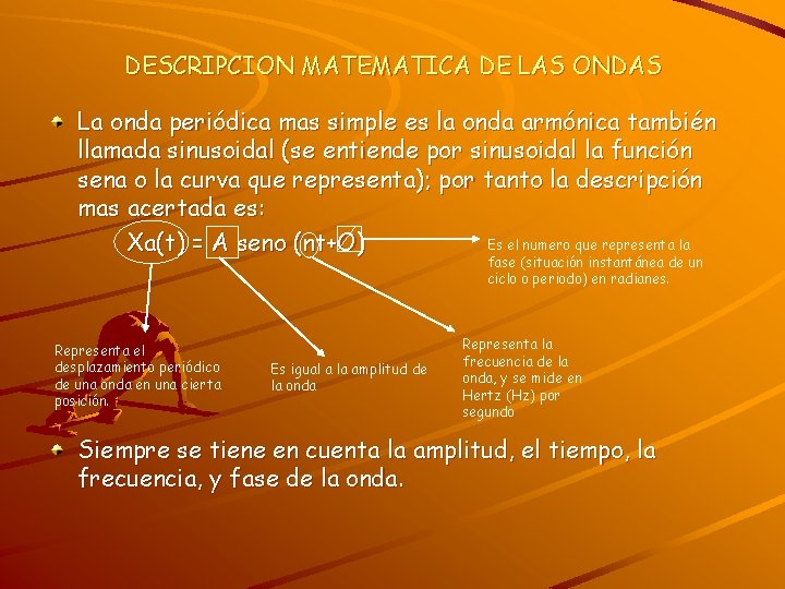 DESCRIPCION MATEMATICA DE LAS ONDAS La onda periódica mas simple es la onda armónica