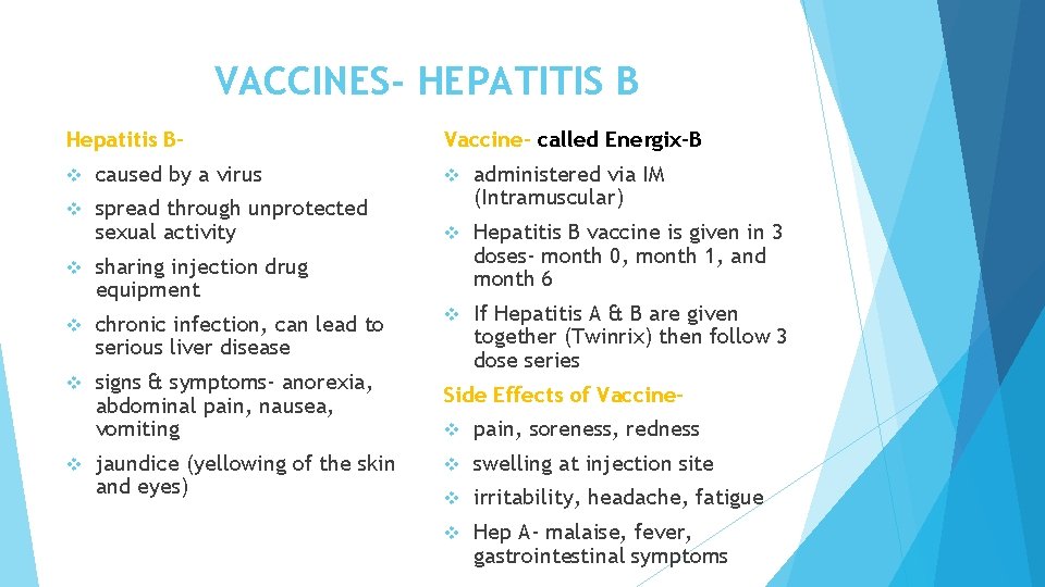 VACCINES- HEPATITIS B Hepatitis B- Vaccine- called Energix-B v caused by a virus v VACCINES- HEPATITIS B Hepatitis B- Vaccine- called Energix-B v caused by a virus v
