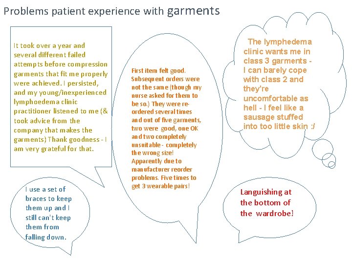 Problems patient experience with garments It took over a year and several different failed