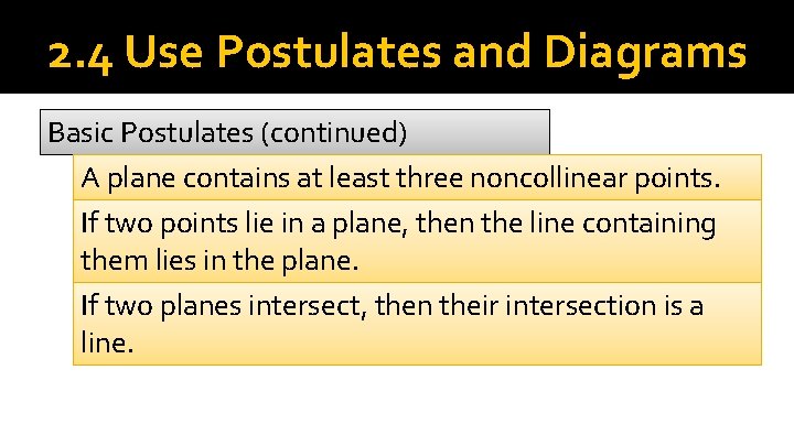 2. 4 Use Postulates and Diagrams Basic Postulates (continued) A plane contains at least