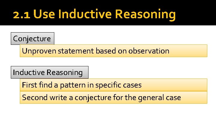 2. 1 Use Inductive Reasoning Conjecture Unproven statement based on observation Inductive Reasoning First