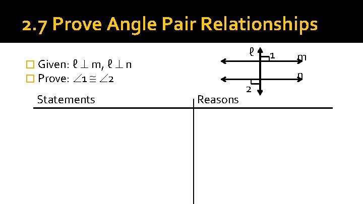 2. 7 Prove Angle Pair Relationships ℓ � Given: ℓ m, ℓ n �