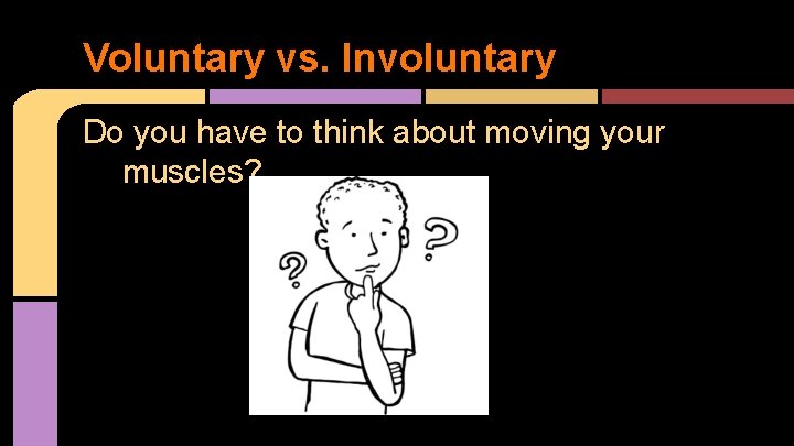 Voluntary vs. Involuntary Do you have to think about moving your muscles? 