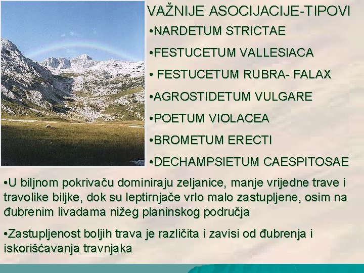 VAŽNIJE ASOCIJACIJE-TIPOVI • NARDETUM STRICTAE • FESTUCETUM VALLESIACA • FESTUCETUM RUBRA- FALAX • AGROSTIDETUM VAŽNIJE ASOCIJACIJE-TIPOVI • NARDETUM STRICTAE • FESTUCETUM VALLESIACA • FESTUCETUM RUBRA- FALAX • AGROSTIDETUM