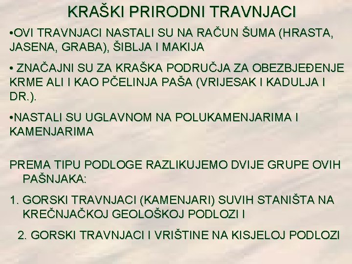 KRAŠKI PRIRODNI TRAVNJACI • OVI TRAVNJACI NASTALI SU NA RAČUN ŠUMA (HRASTA, JASENA, GRABA), KRAŠKI PRIRODNI TRAVNJACI • OVI TRAVNJACI NASTALI SU NA RAČUN ŠUMA (HRASTA, JASENA, GRABA),