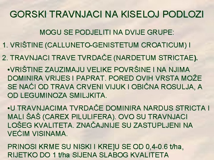 GORSKI TRAVNJACI NA KISELOJ PODLOZI MOGU SE PODJELITI NA DVIJE GRUPE: 1. VRIŠTINE (CALLUNETO-GENISTETUM GORSKI TRAVNJACI NA KISELOJ PODLOZI MOGU SE PODJELITI NA DVIJE GRUPE: 1. VRIŠTINE (CALLUNETO-GENISTETUM