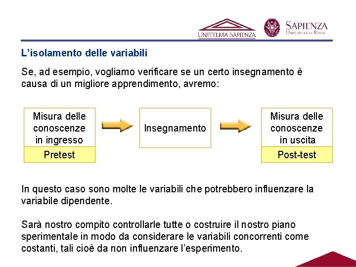 L’isolamento delle variabili Se, ad esempio, vogliamo verificare se un certo insegnamento è causa