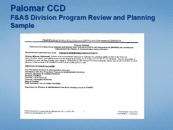 Palomar CCD F&AS Division Program Review and Planning Sample 