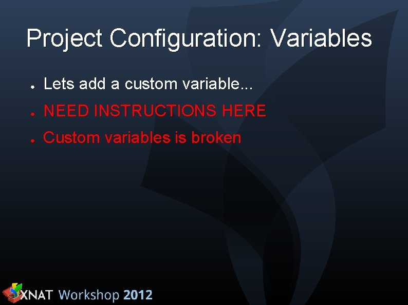 Project Configuration: Variables ● Lets add a custom variable. . . ● NEED INSTRUCTIONS