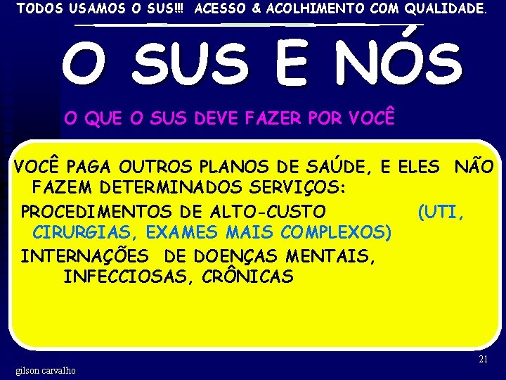 TODOS USAMOS O SUS!!! ACESSO & ACOLHIMENTO COM QUALIDADE. O SUS E NÓS O