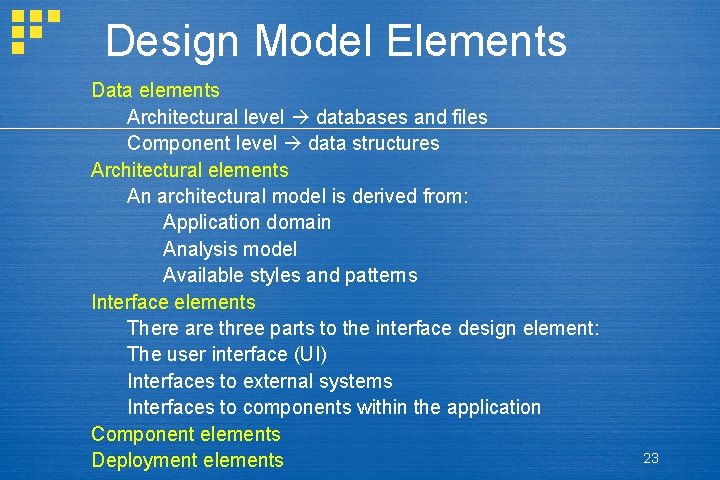 Design Model Elements Data elements Architectural level databases and files Component level data structures
