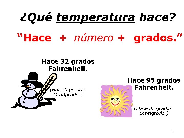¿Qué temperatura hace? “Hace + número + grados. ” Hace 32 grados Fahrenheit. (Hace