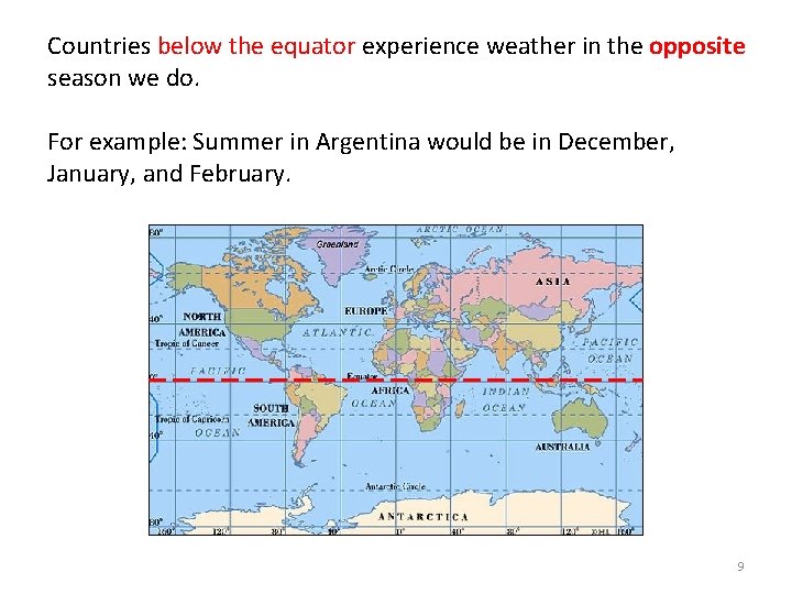 Countries below the equator experience weather in the opposite season we do. For example: