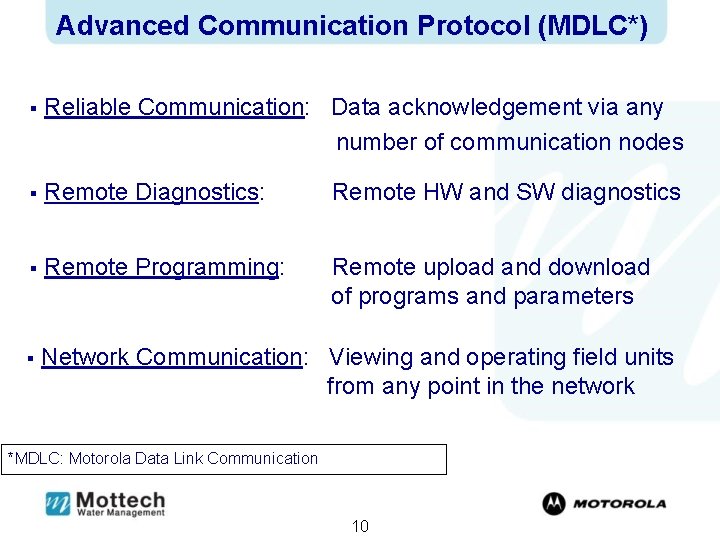 Advanced Communication Protocol (MDLC*) § Reliable Communication: Data acknowledgement via any number of communication
