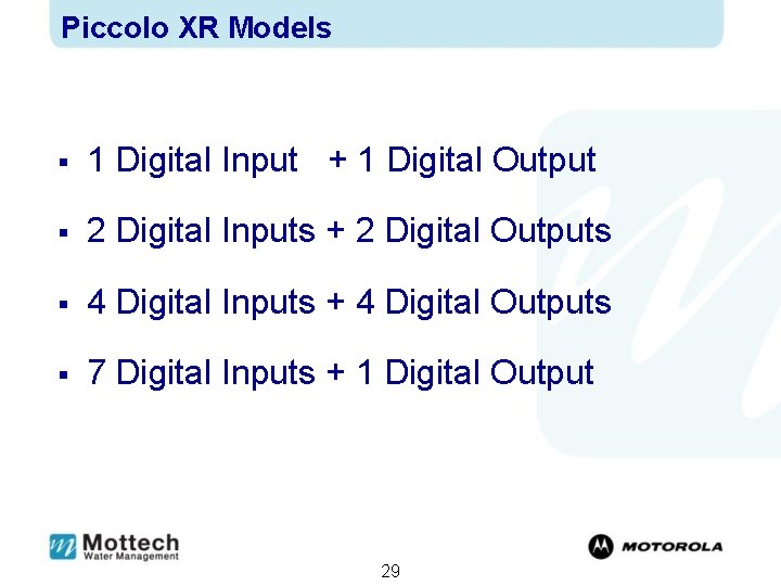Piccolo XR Models § 1 Digital Input + 1 Digital Output § 2 Digital