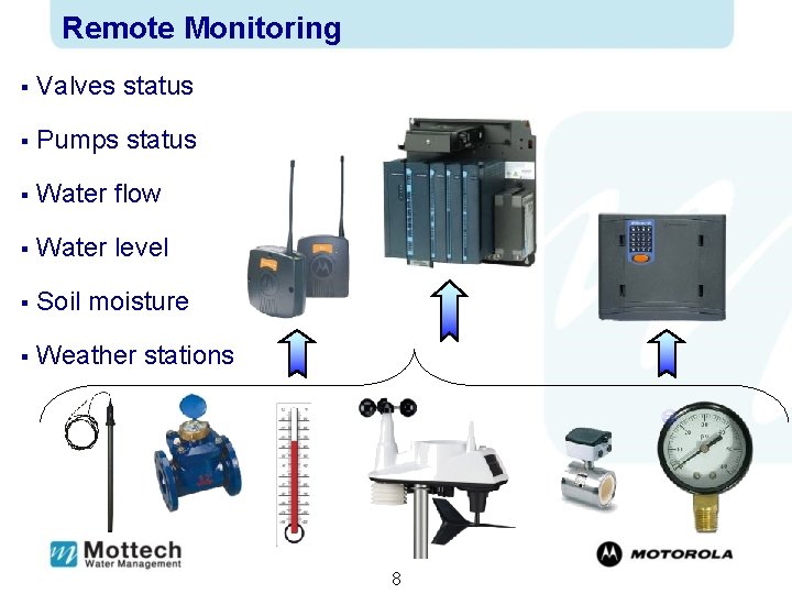 Remote Monitoring § Valves status § Pumps status § Water flow § Water level