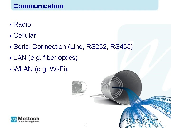 Communication § Radio § Cellular § Serial Connection (Line, RS 232, RS 485) §