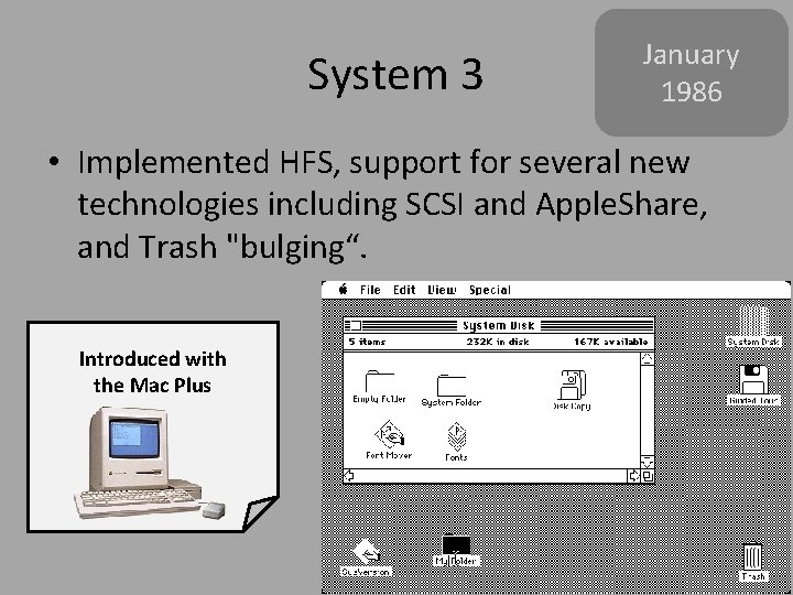 System 3 January 1986 • Implemented HFS, support for several new technologies including SCSI