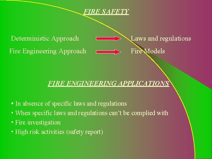 FIRE SAFETY Deterministic Approach Laws and regulations Fire Engineering Approach Fire Models FIRE ENGINEERING