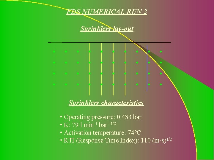 FDS NUMERICAL RUN 2 Sprinklers lay-out Sprinklers characteristics • Operating pressure: 0. 483 bar