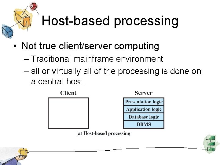 Host-based processing • Not true client/server computing – Traditional mainframe environment – all or