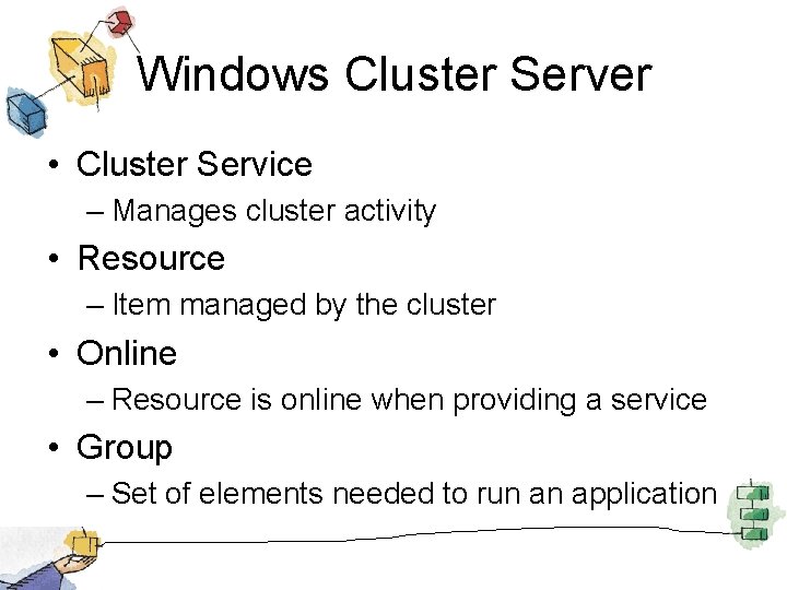 Windows Cluster Server • Cluster Service – Manages cluster activity • Resource – Item