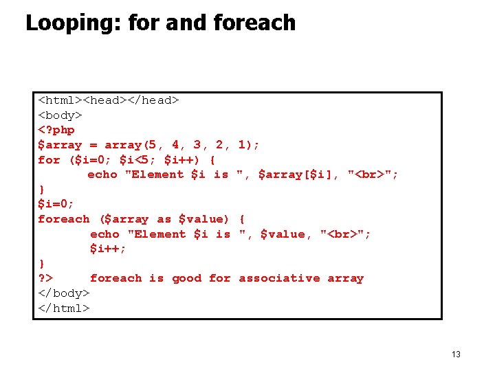 Looping: for and foreach <html><head></head> <body> <? php $array = array(5, 4, 3, 2,