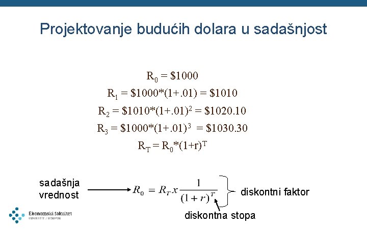 Projektovanje budućih dolara u sadašnjost R 0 = $1000 R 1 = $1000*(1+. 01)