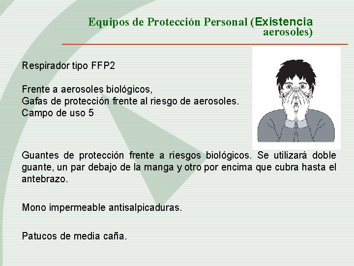 Equipos de Protección Personal (Existencia aerosoles) Respirador tipo FFP 2 Frente a aerosoles biológicos,