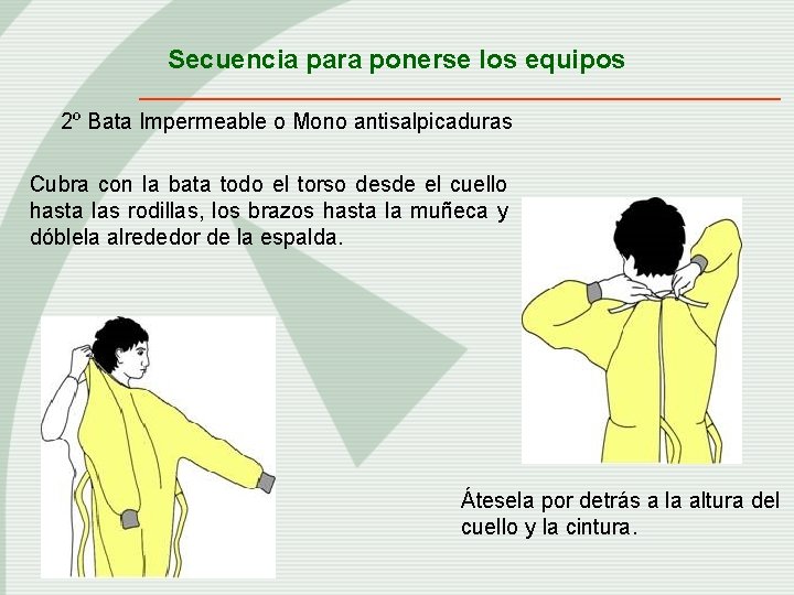 Secuencia para ponerse los equipos 2º Bata Impermeable o Mono antisalpicaduras Cubra con la