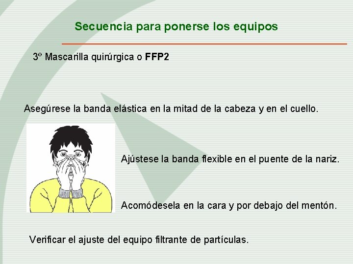 Secuencia para ponerse los equipos 3º Mascarilla quirúrgica o FFP 2 Asegúrese la banda