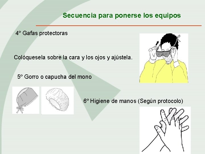 Secuencia para ponerse los equipos 4º Gafas protectoras Colóquesela sobre la cara y los