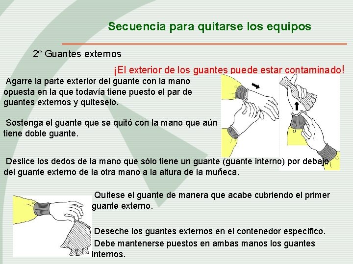 Secuencia para quitarse los equipos 2º Guantes externos ¡El exterior de los guantes puede