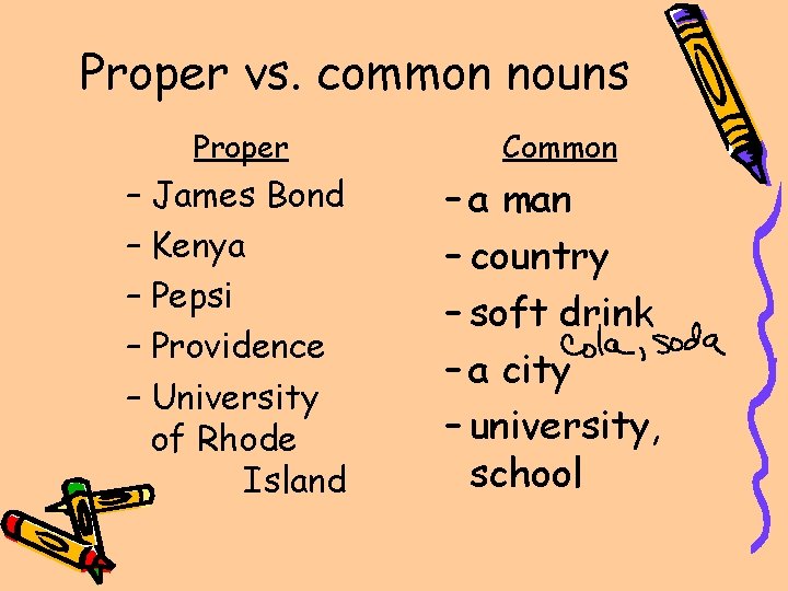Proper vs. common nouns Proper Common – James Bond – Kenya – Pepsi –